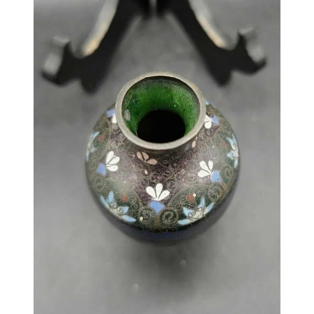 Antique Japanese Cloisonne Enamel Miniature Vase Blue Green Floral 3